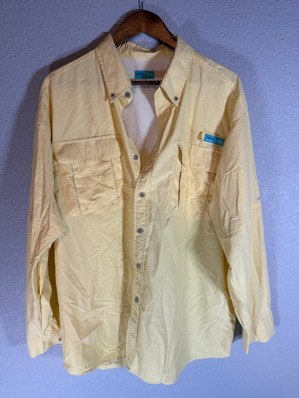 Tuna Men’s XL Pale Yellow Long Sleeve Button Up Fishing Shirt